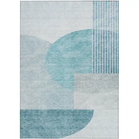 Teal Blue Blue And Silver Geometric Washable Indoor Outdoor Area Rug Photo 7