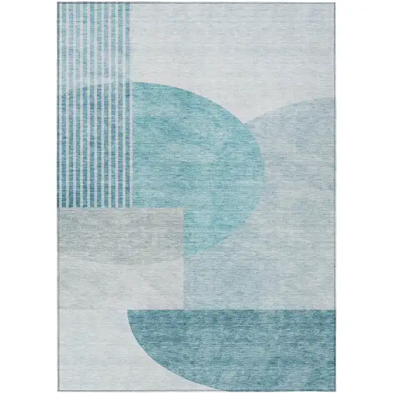 Teal Blue Blue And Silver Geometric Washable Indoor Outdoor Area Rug Photo 2