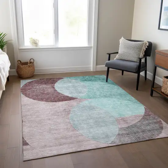 Teal Blue Brown And Beige Geometric Washable Indoor Outdoor Area Rug Photo 9