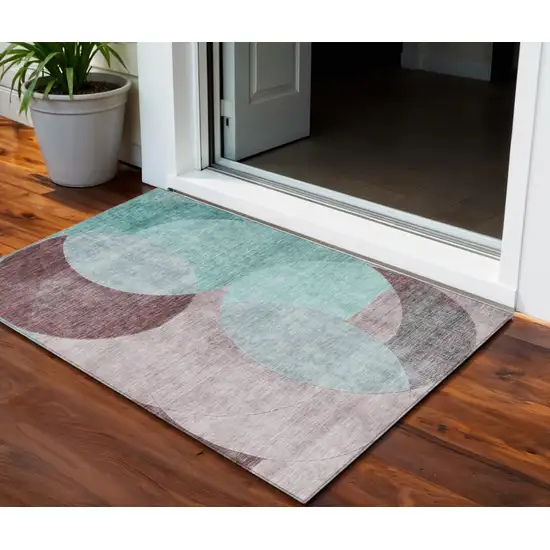 Teal Blue Brown And Beige Geometric Washable Indoor Outdoor Area Rug Photo 1