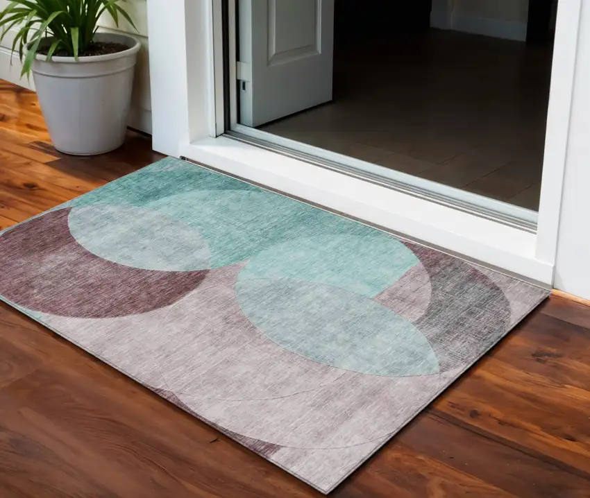 Teal Blue Brown And Beige Geometric Washable Indoor Outdoor Area Rug Photo 1