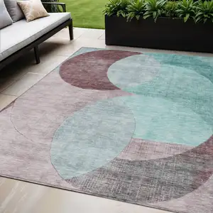 Photo of Teal Blue Brown And Beige Geometric Washable Indoor Outdoor Area Rug