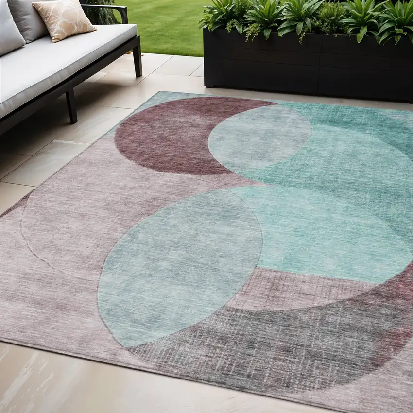 Teal Blue Brown And Beige Geometric Washable Indoor Outdoor Area Rug Photo 1