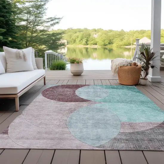 Teal Blue Brown And Beige Geometric Washable Indoor Outdoor Area Rug Photo 7