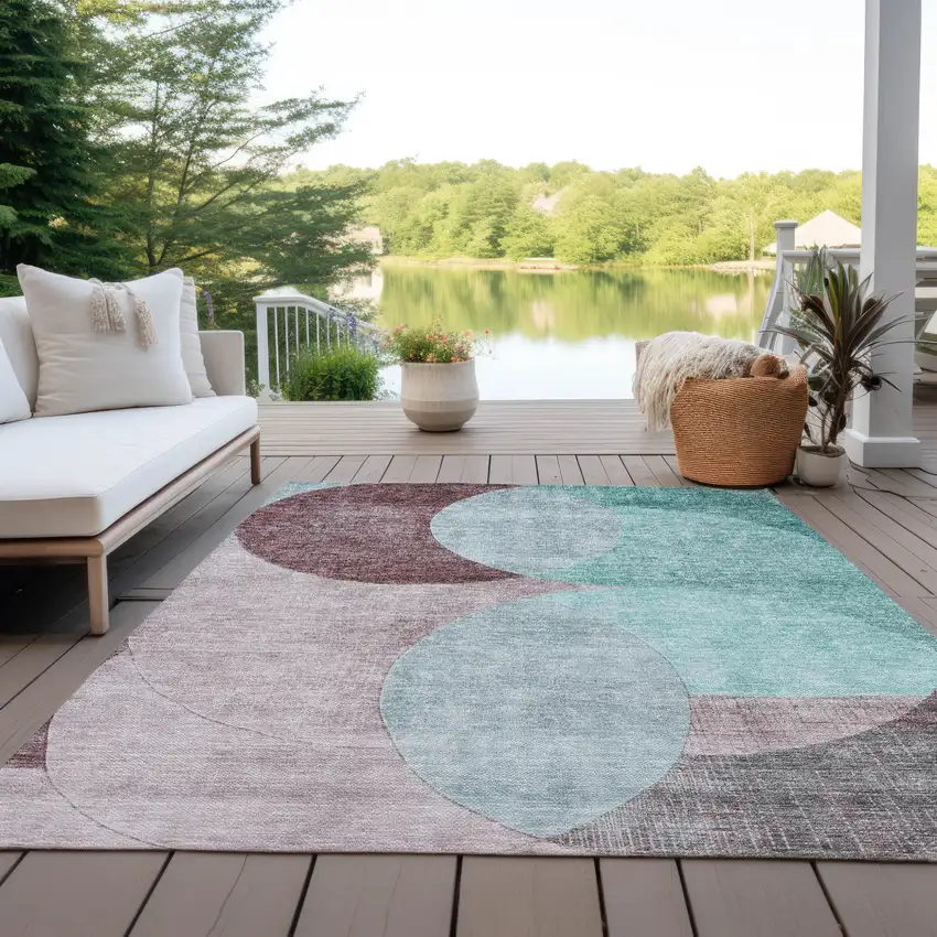 Teal Blue Brown And Beige Geometric Washable Indoor Outdoor Area Rug Photo 7