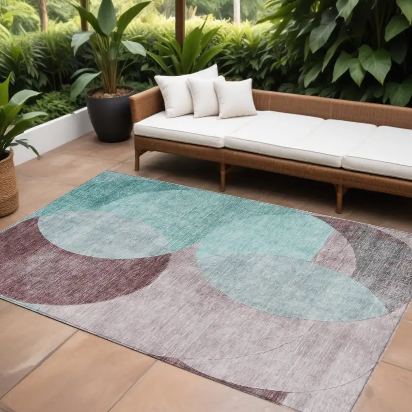 Teal Blue Brown And Beige Geometric Washable Indoor Outdoor Area Rug Photo 1