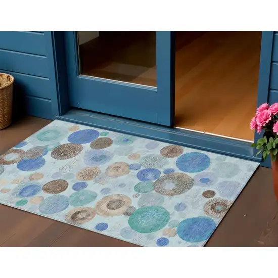 Teal Blue Brown And Beige Geometric Washable Indoor Outdoor Area Rug Photo 2