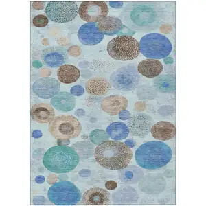 Photo of Teal Blue Brown And Beige Geometric Washable Indoor Outdoor Area Rug