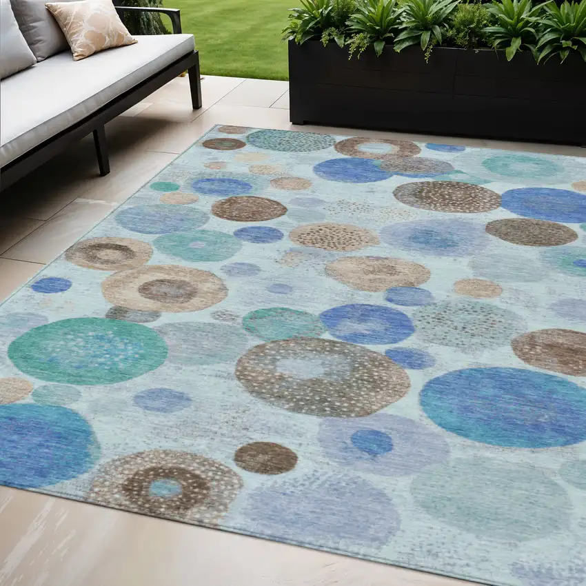 Teal Blue Brown And Beige Geometric Washable Indoor Outdoor Area Rug Photo 2