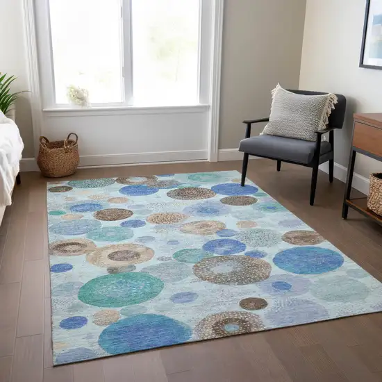 Teal Blue Brown And Beige Geometric Washable Indoor Outdoor Area Rug Photo 7