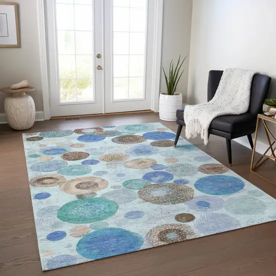 Teal Blue Brown And Beige Geometric Washable Indoor Outdoor Area Rug Photo 6