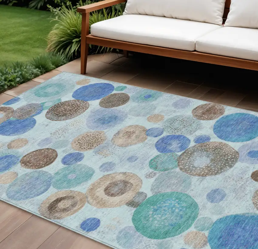 Teal Blue Brown And Beige Geometric Washable Indoor Outdoor Area Rug Photo 2