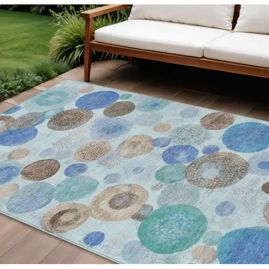 Teal Blue Brown And Beige Geometric Washable Indoor Outdoor Area Rug Photo 2