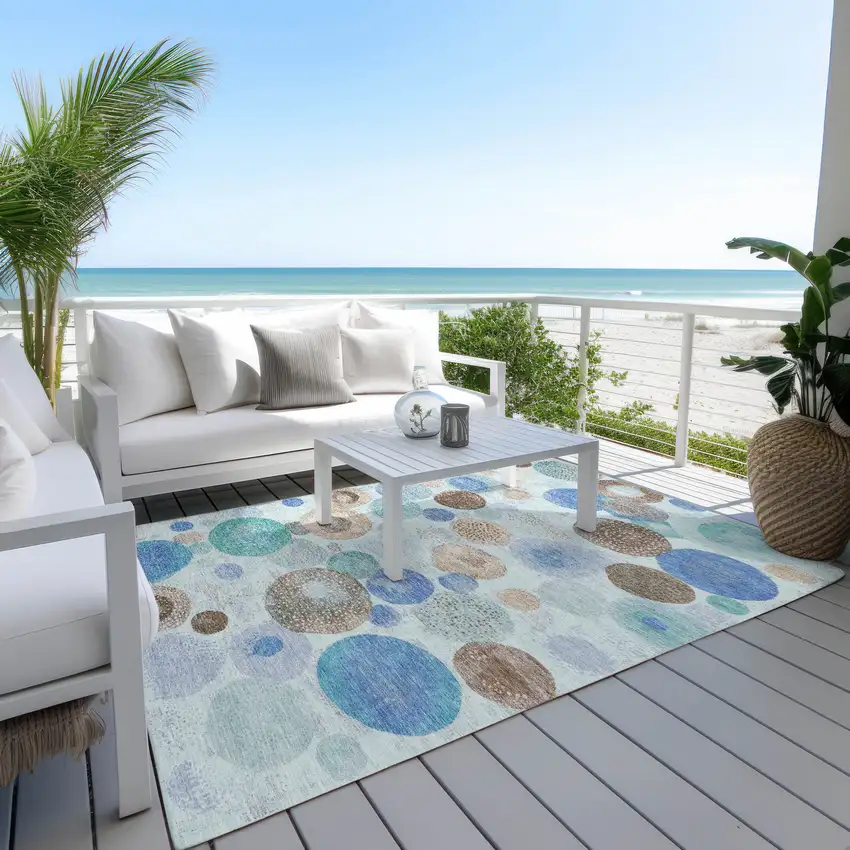 Teal Blue Brown And Beige Geometric Washable Indoor Outdoor Area Rug Photo 5