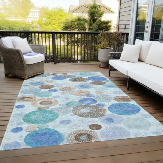Teal Blue Brown And Beige Geometric Washable Indoor Outdoor Area Rug Photo 8