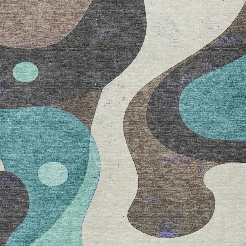 Teal Blue Brown And Charcoal Abstract Washable Indoor Outdoor Area Rug Photo 7