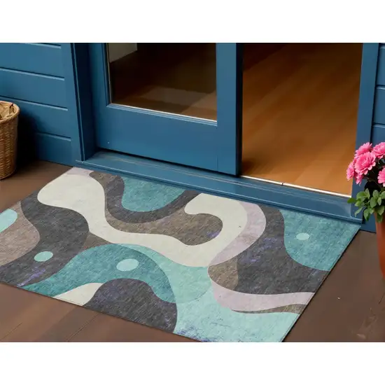 Teal Blue Brown And Charcoal Abstract Washable Indoor Outdoor Area Rug Photo 2