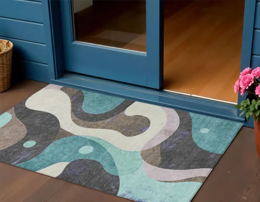 Teal Blue Brown And Charcoal Abstract Washable Indoor Outdoor Area Rug Photo 2