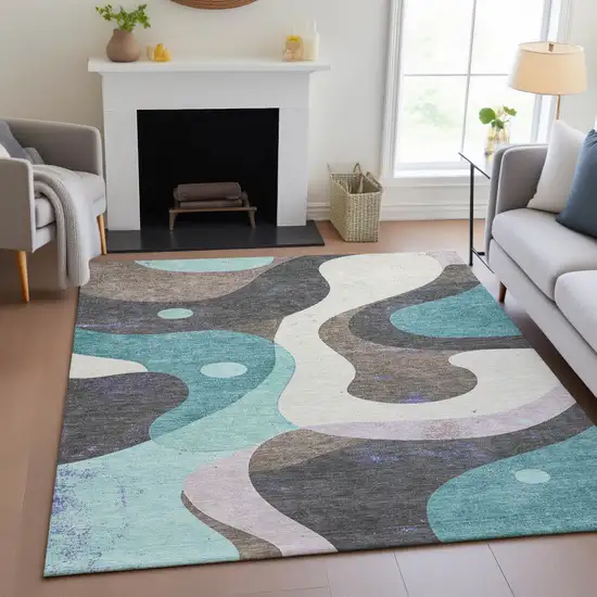 Teal Blue Brown And Charcoal Abstract Washable Indoor Outdoor Area Rug Photo 9