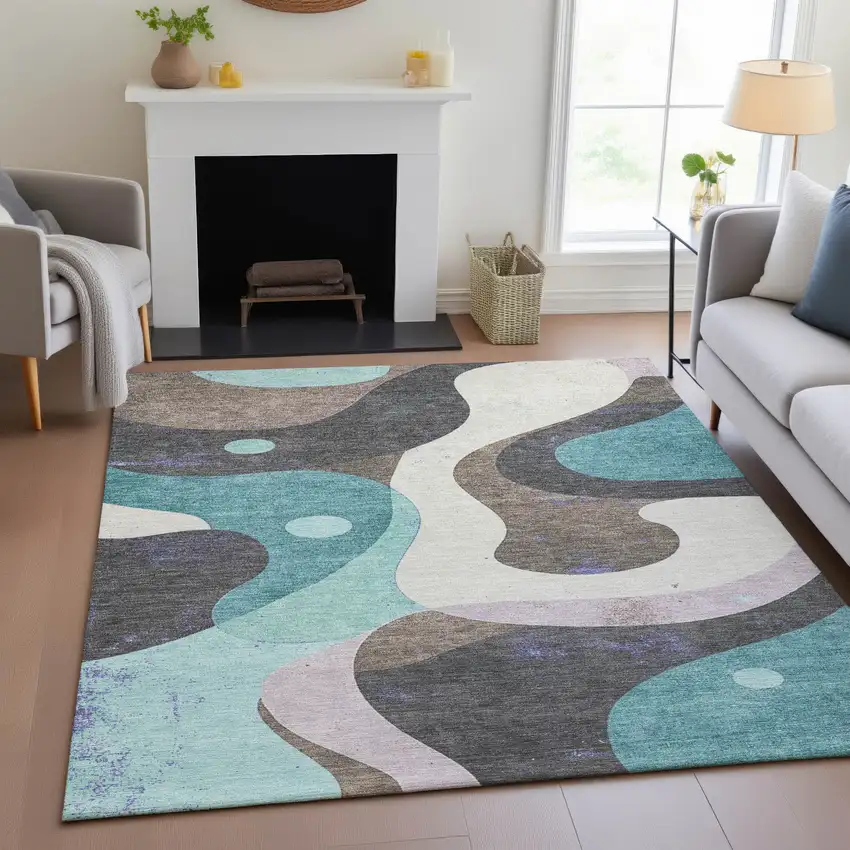 Teal Blue Brown And Charcoal Abstract Washable Indoor Outdoor Area Rug Photo 9