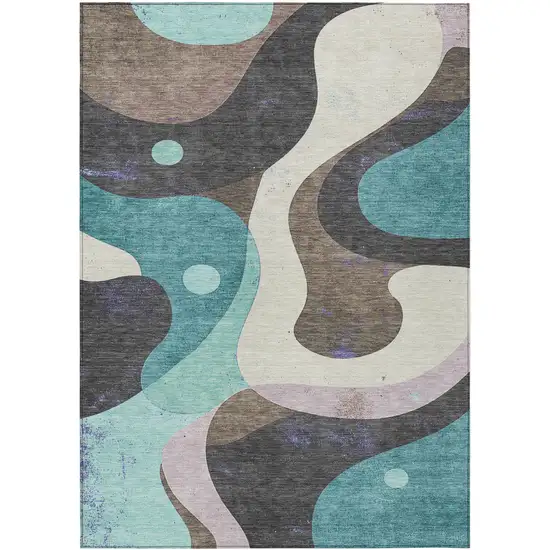Teal Blue Brown And Charcoal Abstract Washable Indoor Outdoor Area Rug Photo 1