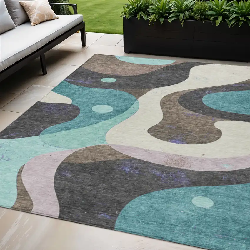 Teal Blue Brown And Charcoal Abstract Washable Indoor Outdoor Area Rug Photo 2
