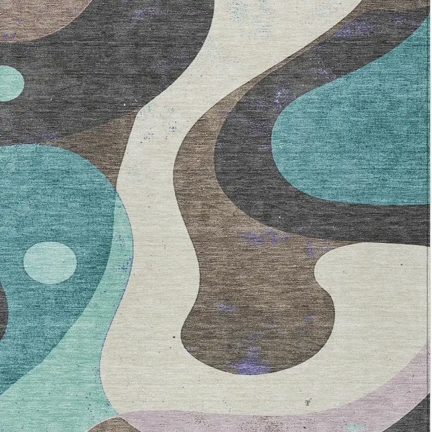 Teal Blue Brown And Charcoal Abstract Washable Indoor Outdoor Area Rug Photo 5