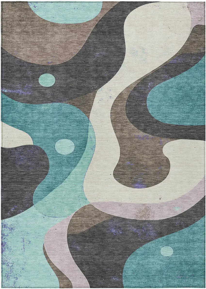 Teal Blue Brown And Charcoal Abstract Washable Indoor Outdoor Area Rug Photo 1