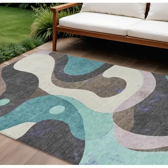 Teal Blue Brown And Charcoal Abstract Washable Indoor Outdoor Area Rug Photo 2