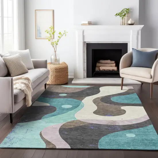 Teal Blue Brown And Charcoal Abstract Washable Indoor Outdoor Area Rug Photo 8