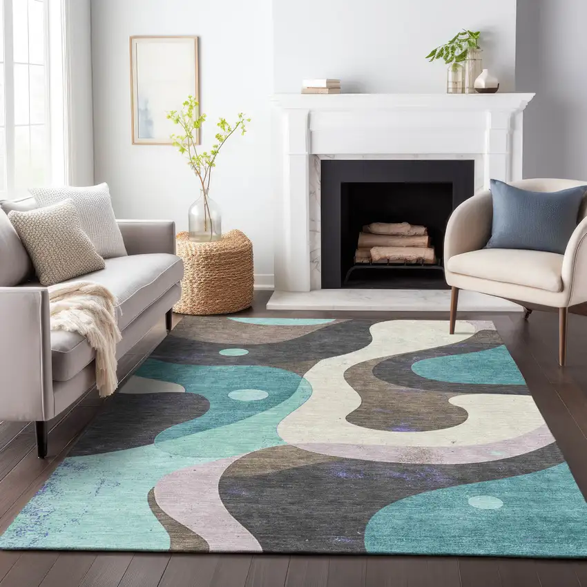 Teal Blue Brown And Charcoal Abstract Washable Indoor Outdoor Area Rug Photo 8