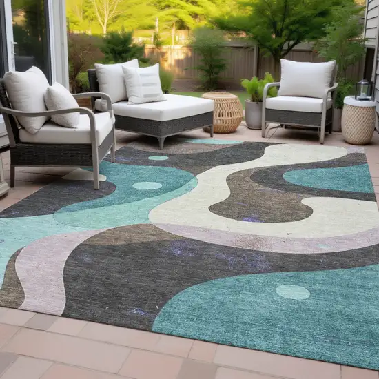 Teal Blue Brown And Charcoal Abstract Washable Indoor Outdoor Area Rug Photo 9