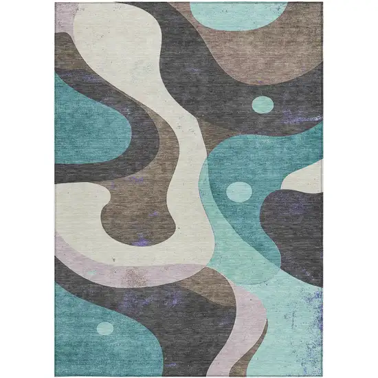 Teal Blue Brown And Charcoal Abstract Washable Indoor Outdoor Area Rug Photo 3