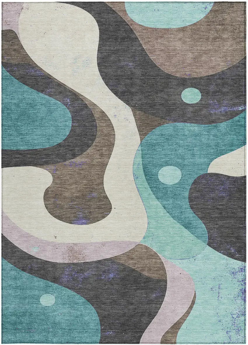 Teal Blue Brown And Charcoal Abstract Washable Indoor Outdoor Area Rug Photo 3