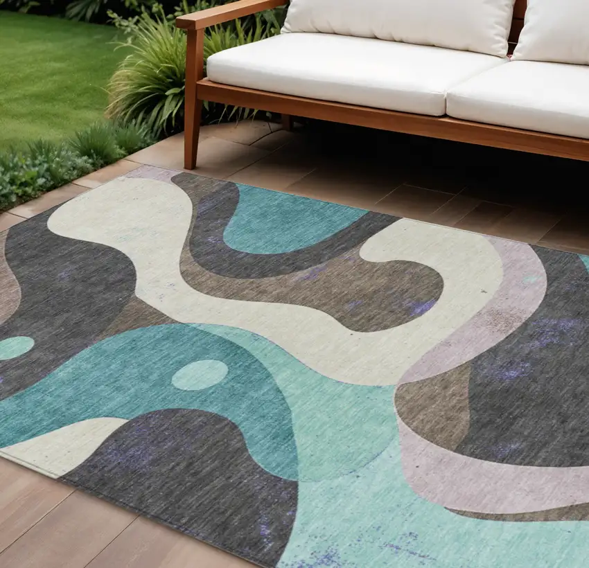 Teal Blue Brown And Charcoal Abstract Washable Indoor Outdoor Area Rug Photo 2