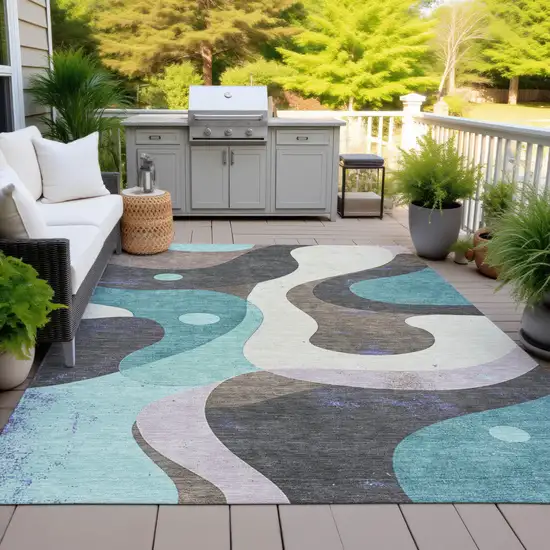 Teal Blue Brown And Charcoal Abstract Washable Indoor Outdoor Area Rug Photo 6