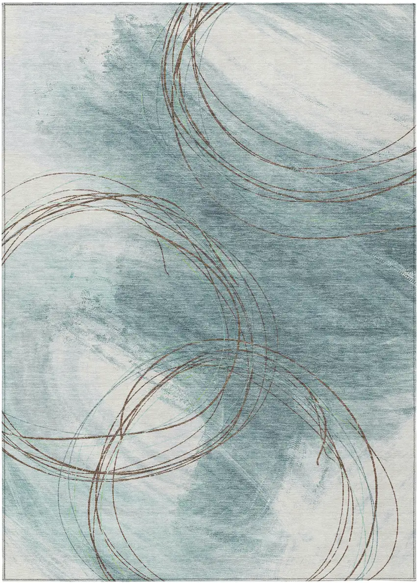 Teal Blue Brown And Ivory Abstract Washable Indoor Outdoor Area Rug Photo 8