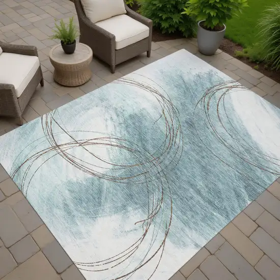 Teal Blue Brown And Ivory Abstract Washable Indoor Outdoor Area Rug Photo 6