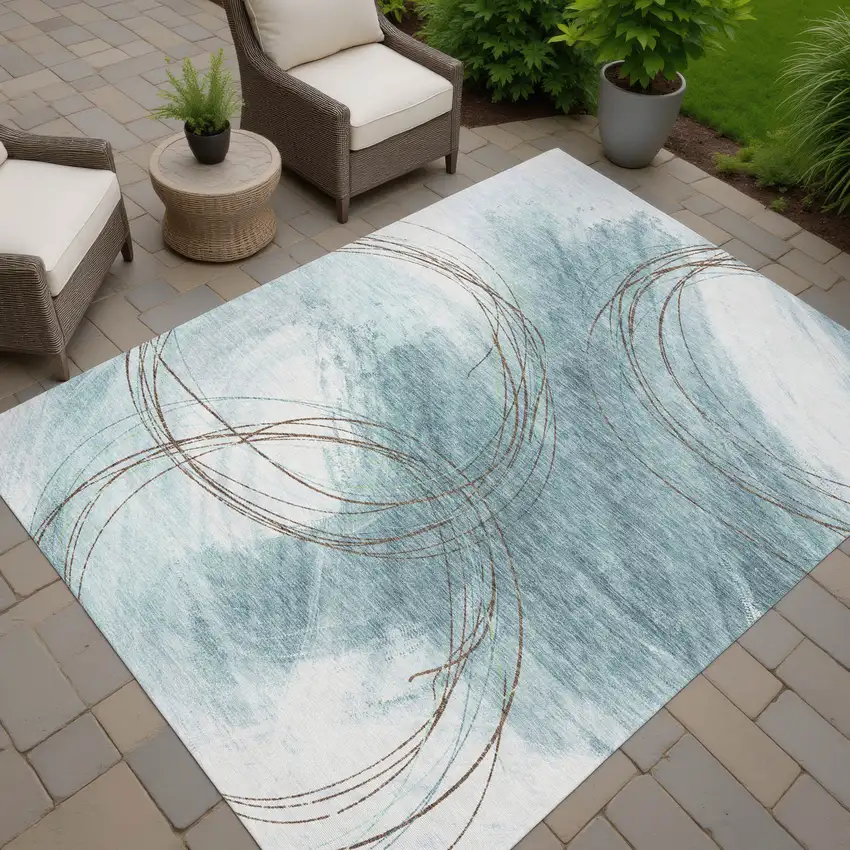 Teal Blue Brown And Ivory Abstract Washable Indoor Outdoor Area Rug Photo 6