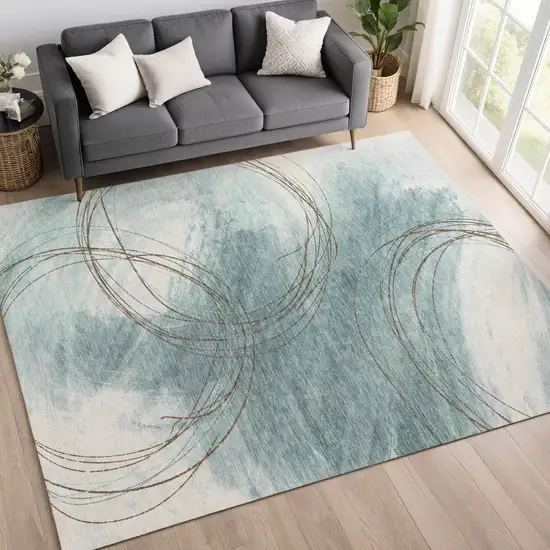 Teal Blue Brown And Ivory Abstract Washable Indoor Outdoor Area Rug Photo 3