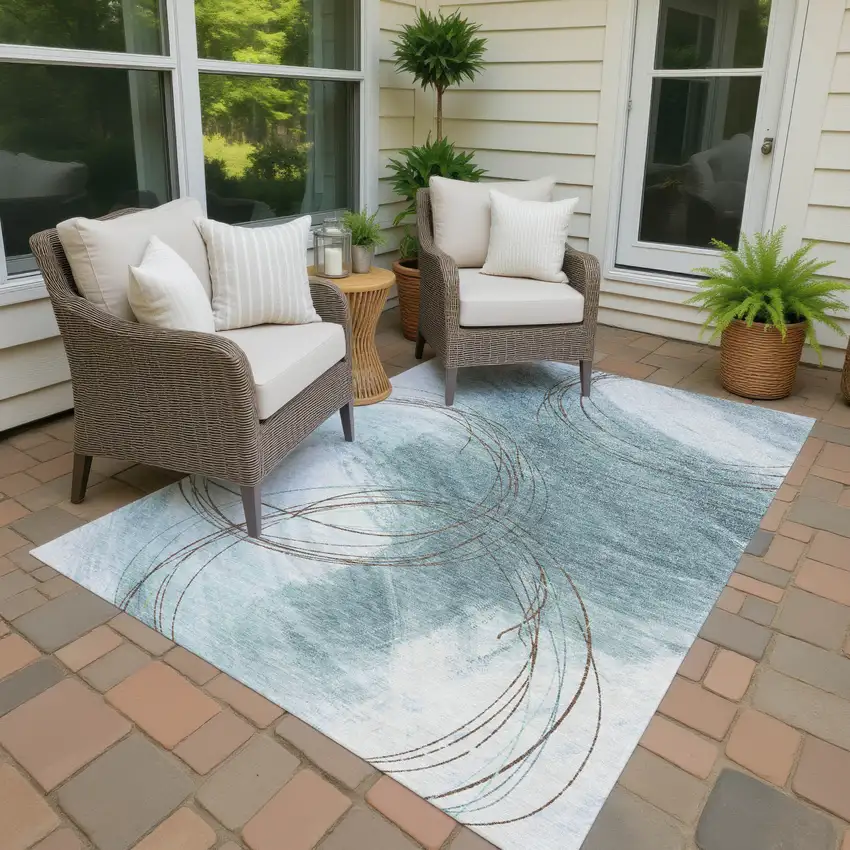 Teal Blue Brown And Ivory Abstract Washable Indoor Outdoor Area Rug Photo 2