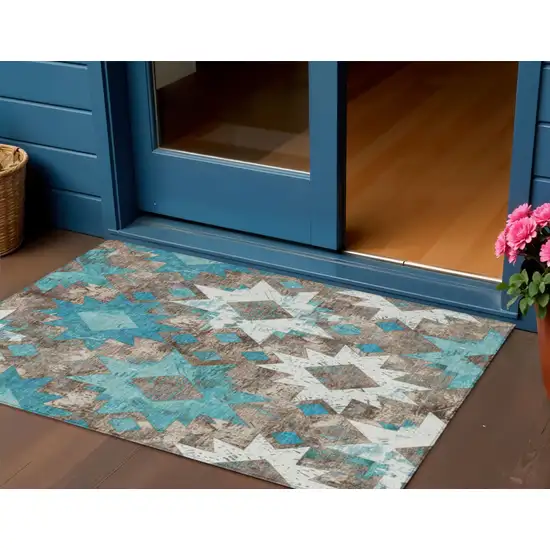 Teal Blue Brown And Ivory Aztec Washable Indoor Outdoor Area Rug Photo 2
