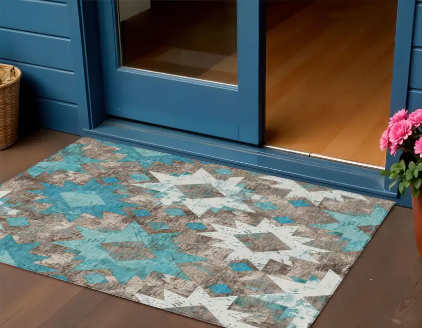 Teal Blue Brown And Ivory Aztec Washable Indoor Outdoor Area Rug Photo 2