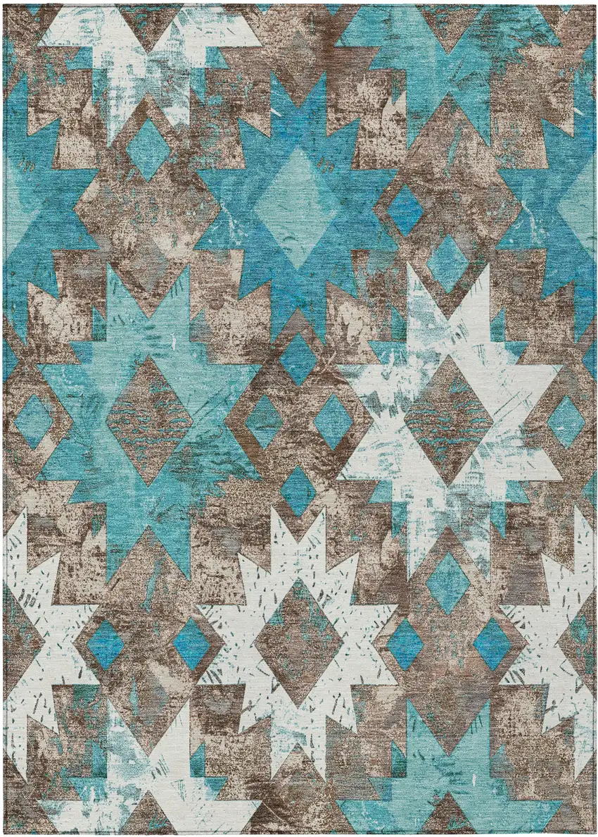 Teal Blue Brown And Ivory Aztec Washable Indoor Outdoor Area Rug Photo 1