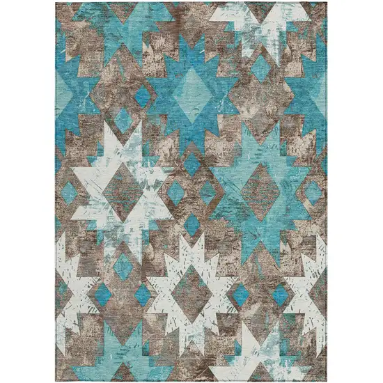 Teal Blue Brown And Ivory Aztec Washable Indoor Outdoor Area Rug Photo 3