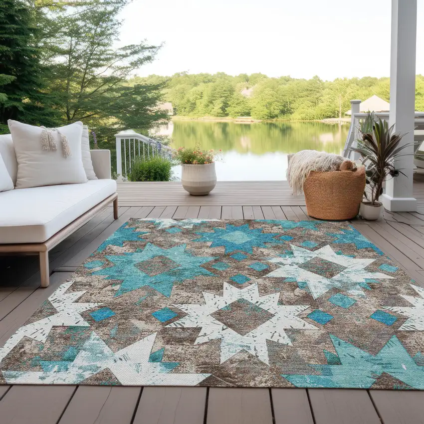 Teal Blue Brown And Ivory Aztec Washable Indoor Outdoor Area Rug Photo 5