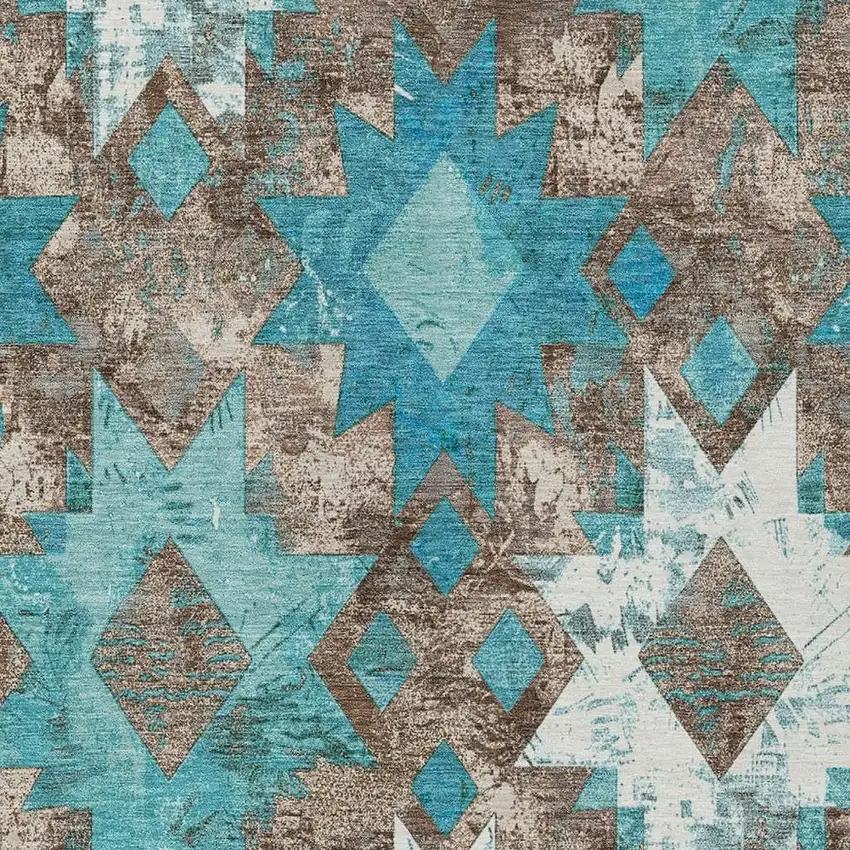Teal Blue Brown And Ivory Aztec Washable Indoor Outdoor Area Rug Photo 4