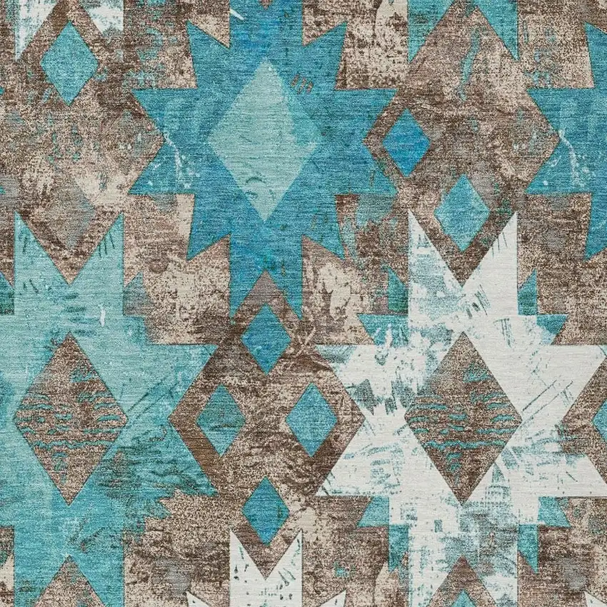 Teal Blue Brown And Ivory Aztec Washable Indoor Outdoor Area Rug Photo 4