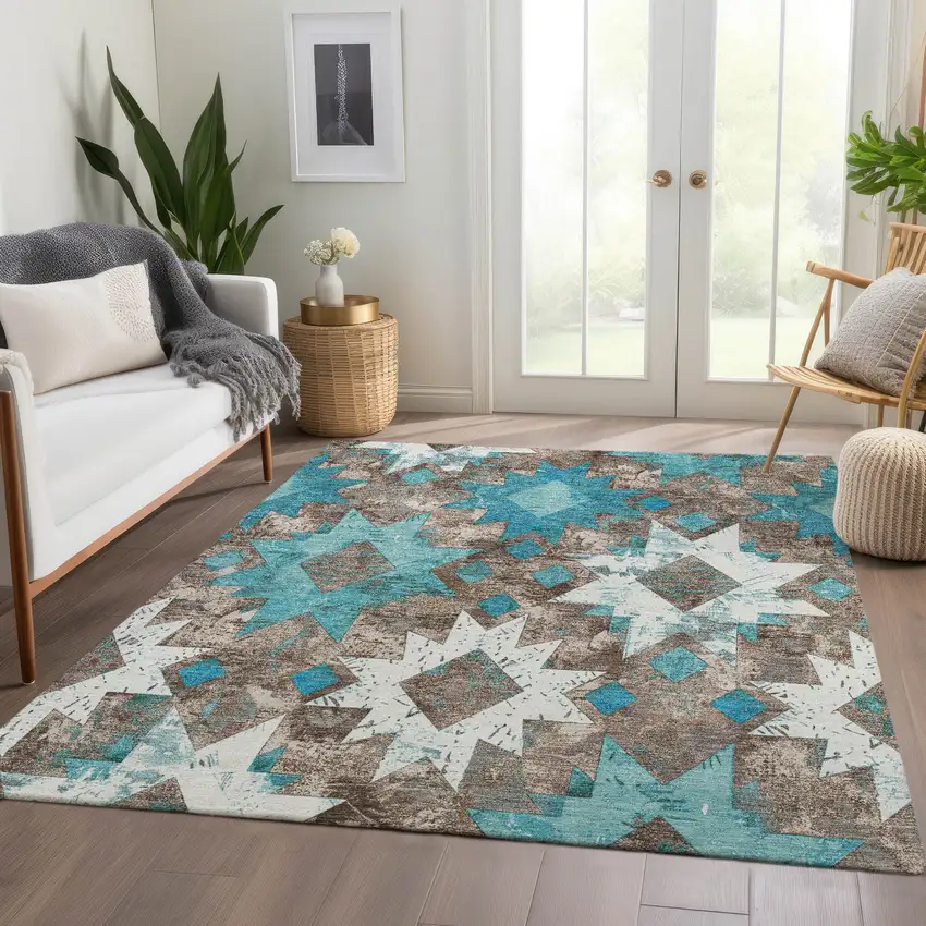 Teal Blue Brown And Ivory Aztec Washable Indoor Outdoor Area Rug Photo 7