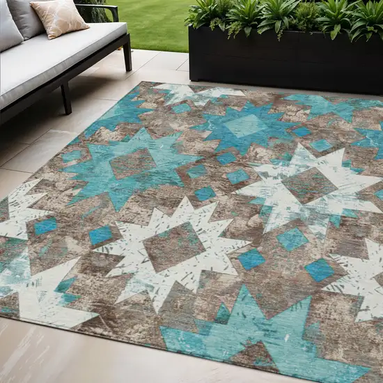 Teal Blue Brown And Ivory Aztec Washable Indoor Outdoor Area Rug Photo 2